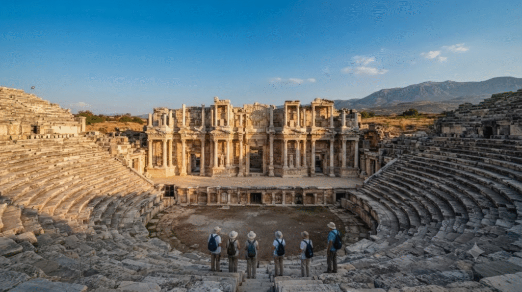 architectural photograph of the ancient Hierapolis Theatre in Pamukkale, Turkey, enormous Roman theatre with sweeping semicircular stone seating