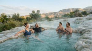 wellness travel photograph of adult travellers relaxing in a natural thermal pool near Pamukkale, Turkey, clear mineral-rich water surrounded by pale stone formations and greenery,