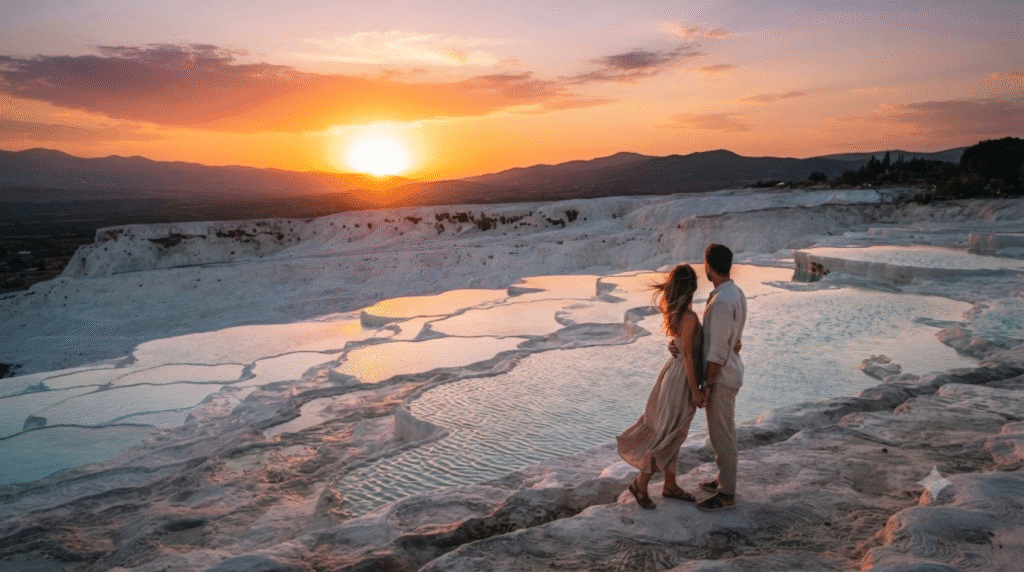 sunset photograph overlooking Pamukkale, Turkey, white travertine terraces glowing under warm golden light,