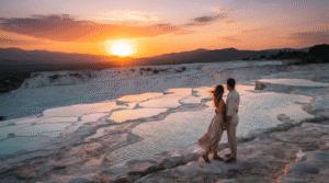 sunset photograph overlooking Pamukkale, Turkey, white travertine terraces glowing under warm golden light,