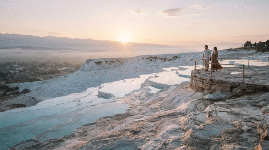 cinematic sunrise landscape of Pamukkale, Turkey, soft golden morning light illuminating pristine white travertine terraces and turquoise pools, adult couple standing quietly at a scenic viewpoint,
