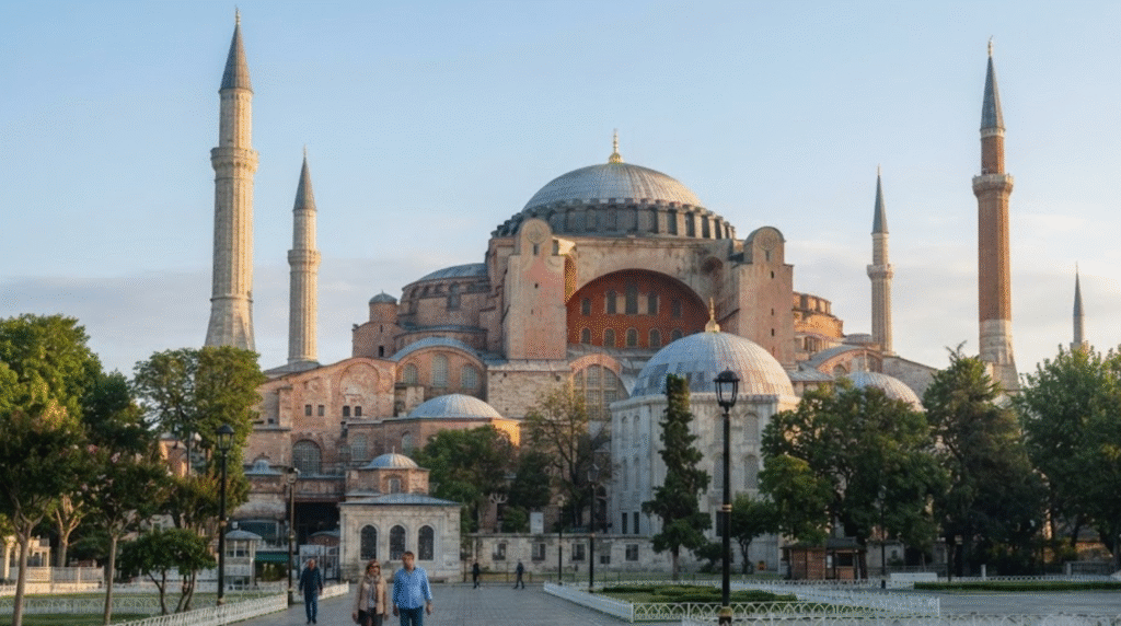 architectural travel photograph of Hagia Sophia in Istanbul, Turkey, magnificent historic building with its enormous central dome and elegant minarets