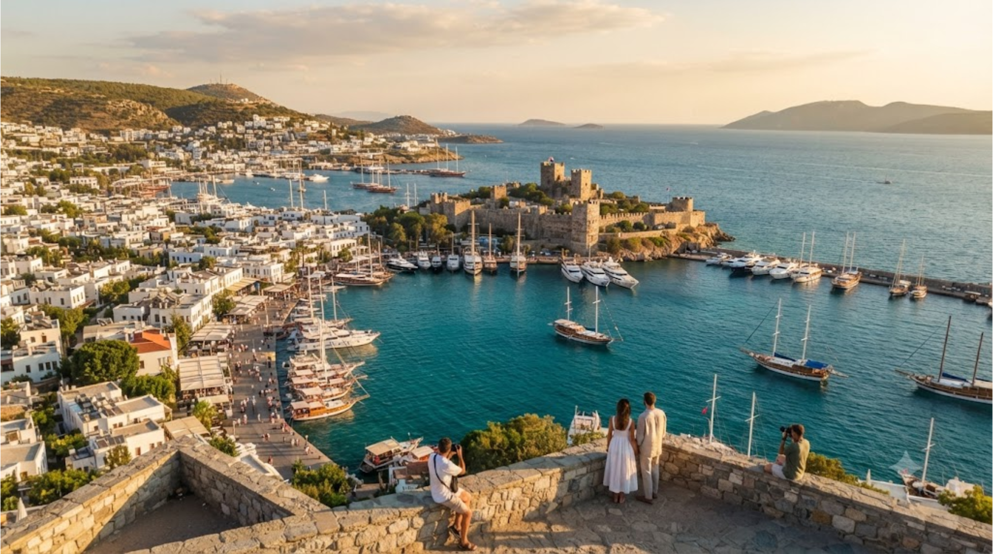 cinematic aerial travel photograph of Bodrum, Turkey, panoramic view of the turquoise Aegean Sea surrounding a sophisticated coastal town with whitewashed buildings, Bodrum Castle rising beside the harbor