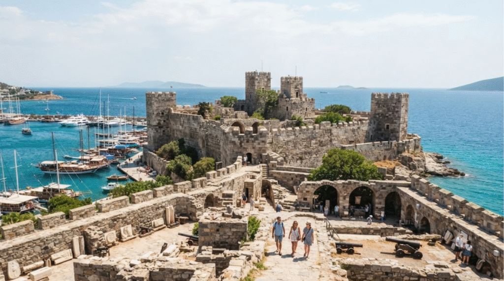 architectural travel photograph of Bodrum Castle in Bodrum, Turkey, impressive medieval stone fortress standing directly beside the turquoise Aegean Sea