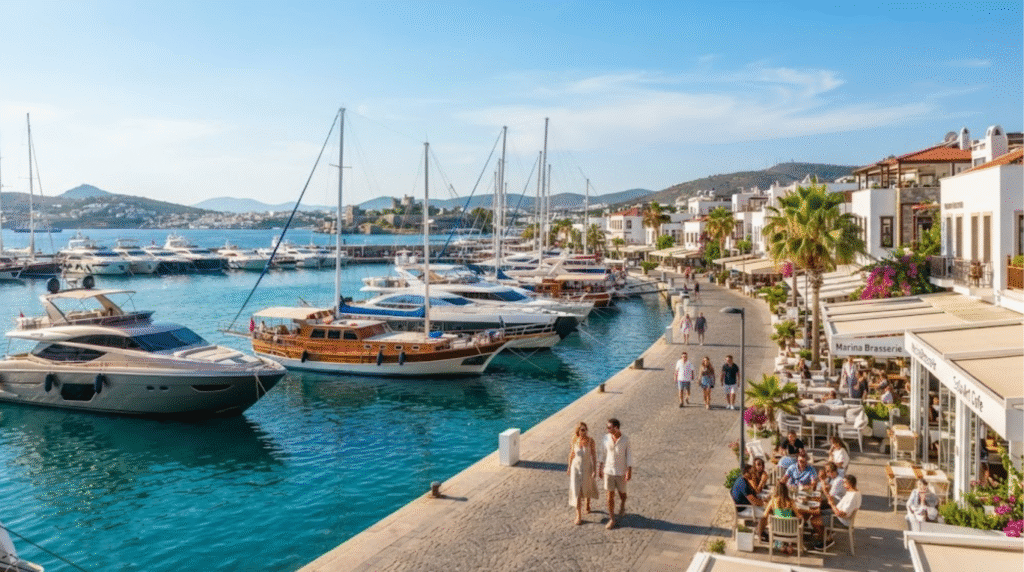 luxury travel photograph of Bodrum Marina, Turkey, elegant waterfront lined with luxury yachts and traditional wooden Turkish gulets, whitewashed buildings and sophisticated cafés along the promenade
