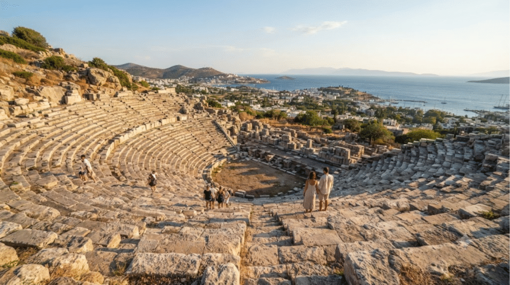 archaeological travel photograph of the Ancient Theatre of Halicarnassus in Bodrum, Turkey, historic semicircular stone theatre built into a hillside,