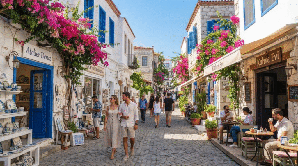 lifestyle travel photograph of a narrow street in Bodrum Old Town, Turkey, traditional whitewashed houses with blue doors and windows, vibrant pink bougainvillea, small independent boutiques and a charming local café,