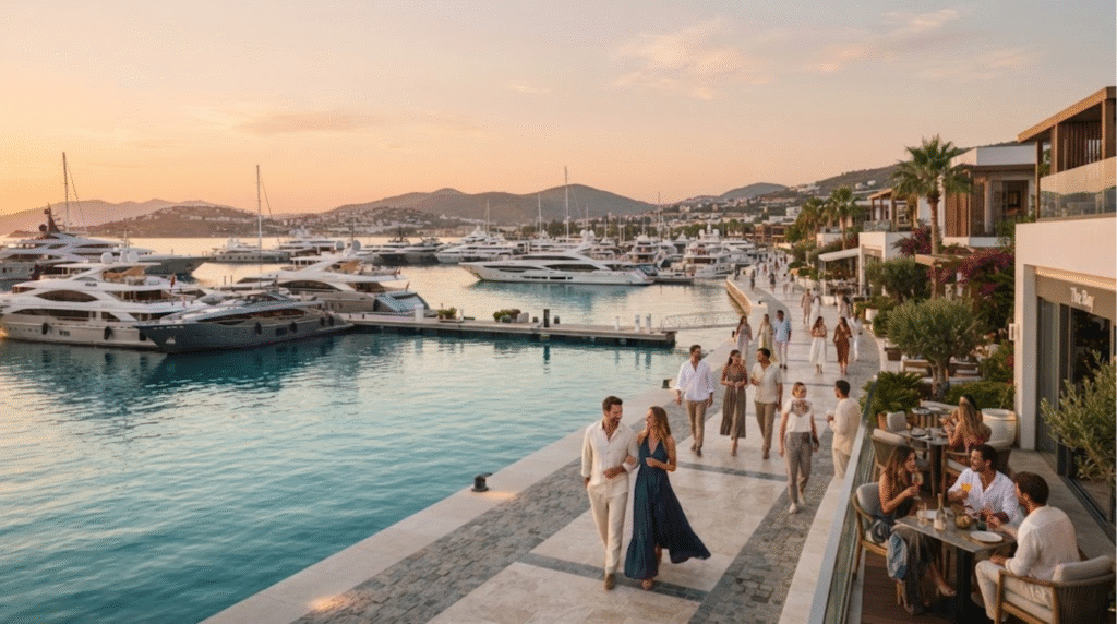 luxury lifestyle photograph of Yalikavak Marina near Bodrum, Turkey, elegant marina filled with large luxury yachts and sophisticated waterfront restaurants