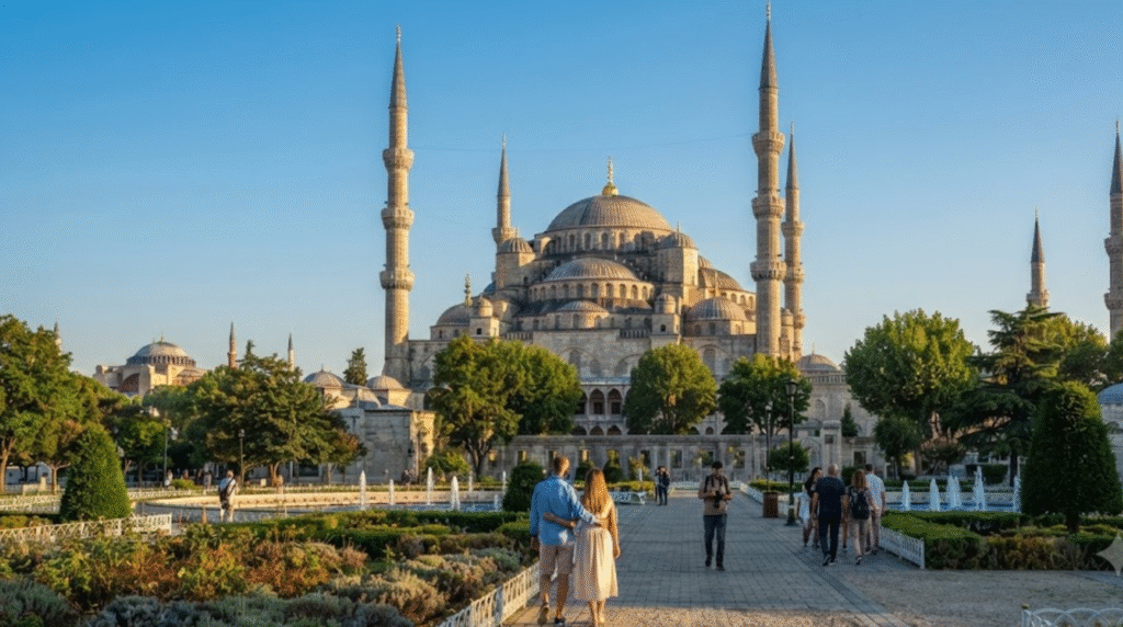 architectural travel photograph of Hagia Sophia in Istanbul, Turkey, magnificent historic building with its enormous central dome and elegant minarets
