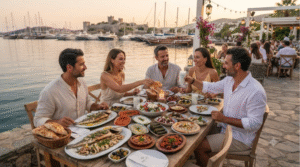 culinary travel photograph at an elegant waterfront restaurant in Bodrum, Turkey, adult travellers enjoying a table filled with Turkish
