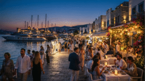 cinematic evening street scene in Bodrum, Turkey, stylish waterfront promenade filled with adults enjoying outdoor restaurants and cafés, warm decorative lights reflecting across the marina, luxury yachts visible in the background, whitewashed buildings illuminated softly,