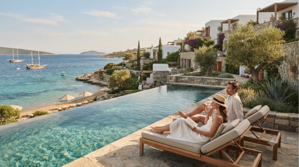 luxury resort photograph on the Bodrum Peninsula, Turkey, sophisticated white Mediterranean resort overlooking the Aegean Sea,