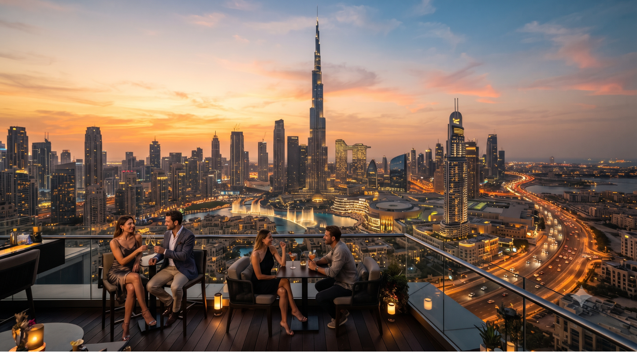 cinematic aerial travel photograph of Dubai, United Arab Emirates at sunset, iconic Burj Khalifa rising above the futuristic Downtown Dubai skyline, Sheikh Zayed