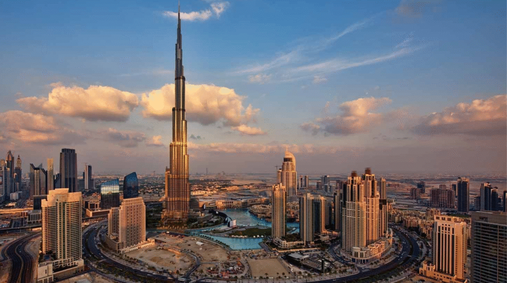 cinematic architectural photograph of Burj Khalifa in Downtown Dubai, United Arab Emirates, towering dramatically above the surrounding futuristic skyline