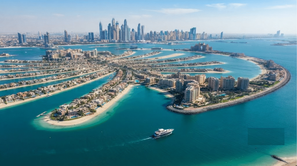 photograph of Palm Jumeirah, Dubai, United Arab Emirates, distinctive palm-shaped island clearly visible from above, turquoise Arabian Gulf surrounding luxury resorts and villas, modern Dubai skyline and Atlantis-style resort visible in the distance
