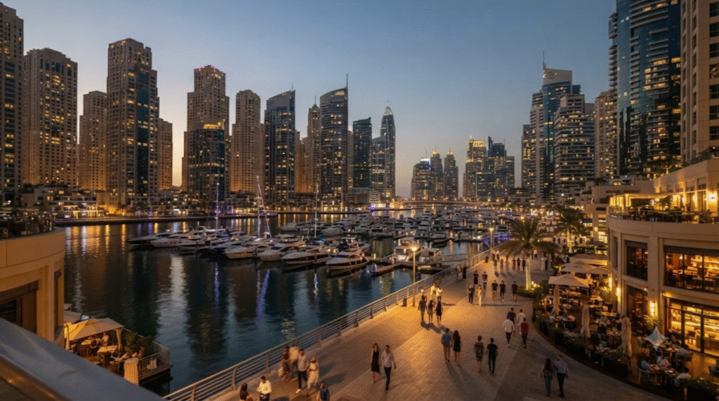 evening cityscape of Dubai Marina, United Arab Emirates, dramatic cluster of illuminated skyscrapers surrounding