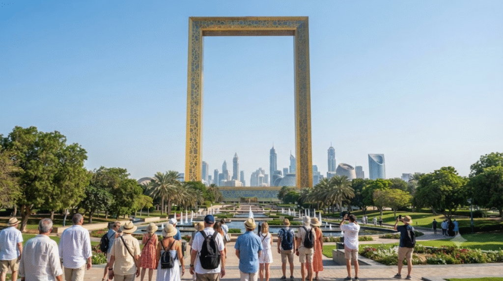 travel photograph of Dubai Frame, United Arab Emirates, enormous golden rectangular frame rising above Zabeel Park,