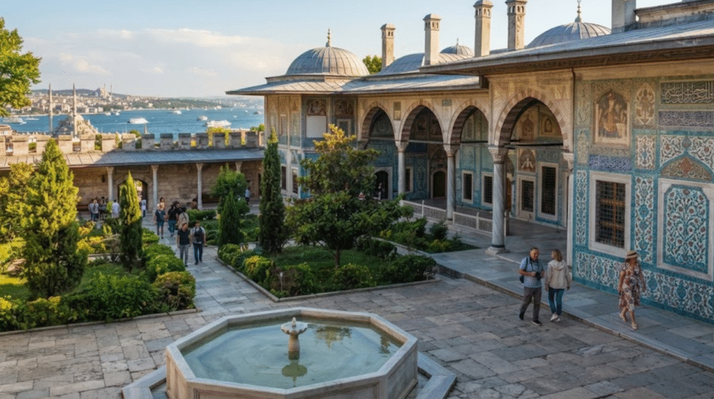 architectural travel photograph inside Topkapi Palace in Istanbul, Turkey, elegant Ottoman palace courtyard with ornate tiled walls,
