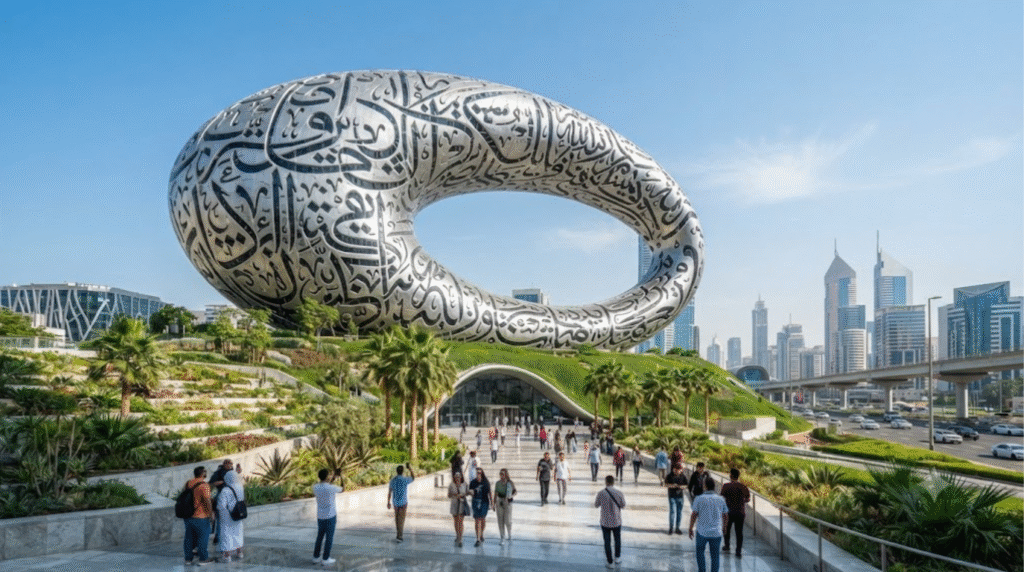 photograph of the Museum of the Future in Dubai, United Arab Emirates, iconic silver torus-shaped building covered in Arabic