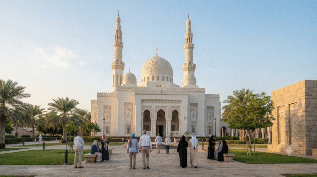 cultural travel photograph of Jumeirah Mosque in Dubai, United Arab Emirates, elegant white Islamic architecture with twin minarets and central dome