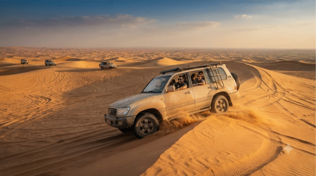 photograph in the Dubai desert, United Arab Emirates, adult travellers enjoying a guided 4x4 dune safari on dramatic golden sand dunes,