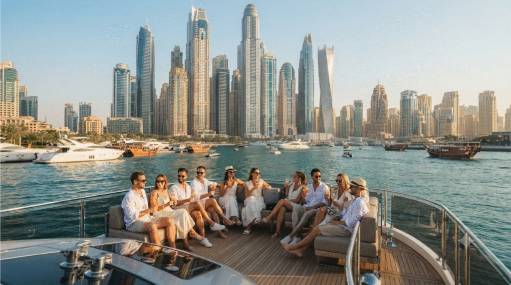 Photorealistic luxury boat cruise photograph in Dubai Marina, United Arab Emirates, adult travellers relaxing on the open deck of a modern sightseeing yacht