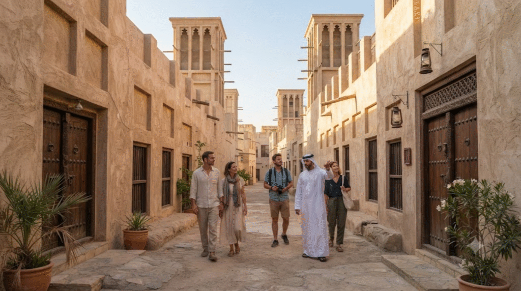 Photorealistic cultural travel photograph in Al Fahidi Historical Neighbourhood, Dubai, United Arab Emirates, narrow traditional sandstone-colored alleyways
