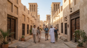 Photorealistic cultural travel photograph in Al Fahidi Historical Neighbourhood, Dubai, United Arab Emirates, narrow traditional sandstone-colored alleyways