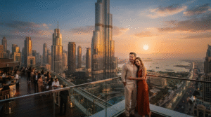 cinematic sunset photograph overlooking Dubai's futuristic skyline from a sophisticated rooftop viewpoint,