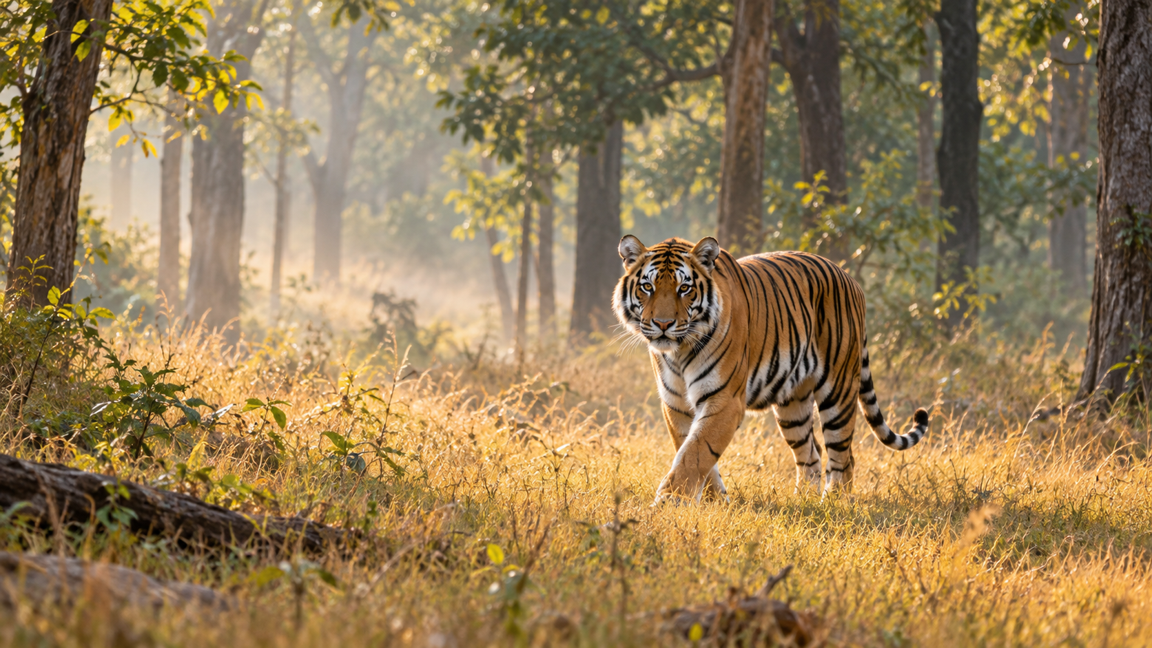 Bengal tiger walking through sunlit forest grass
