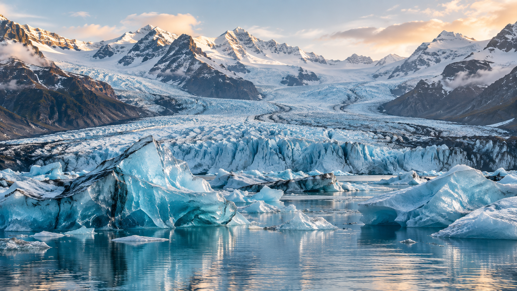 Blue glacier and floating ice beneath snow-covered mountains