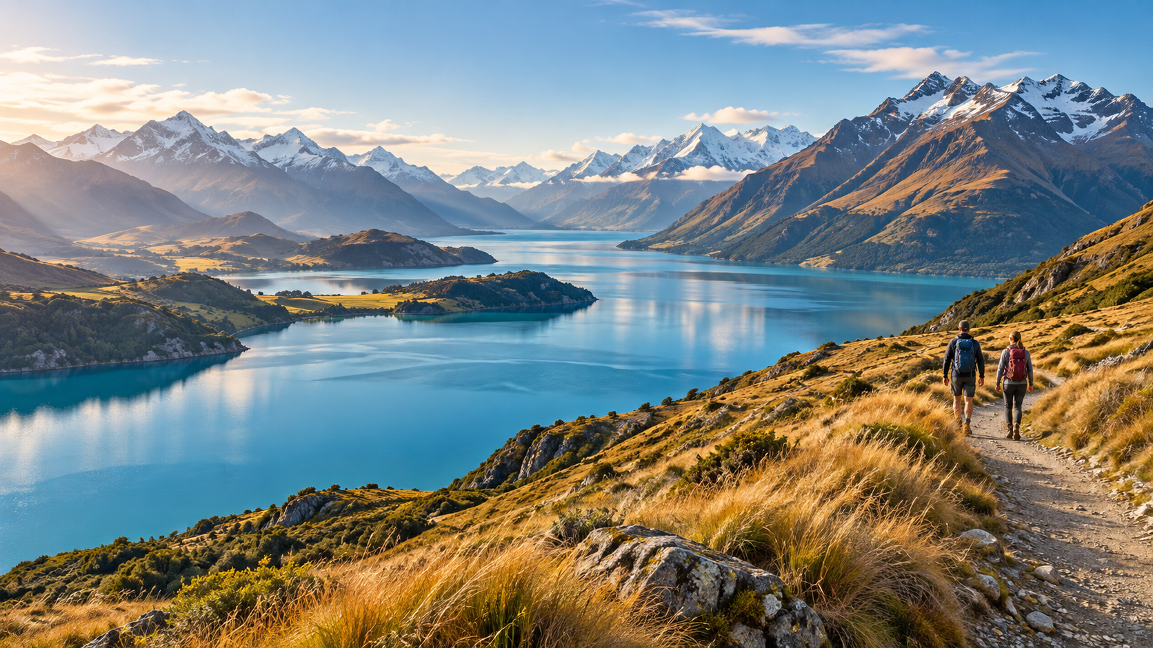 Two hikers overlooking a blue alpine lake and mountain panorama
