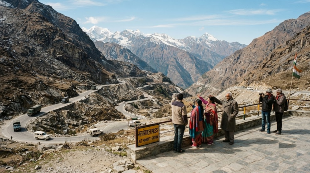 travel photograph of Nathula Pass in Sikkim, showing a dramatic high-altitude Himalayan mountain landscape