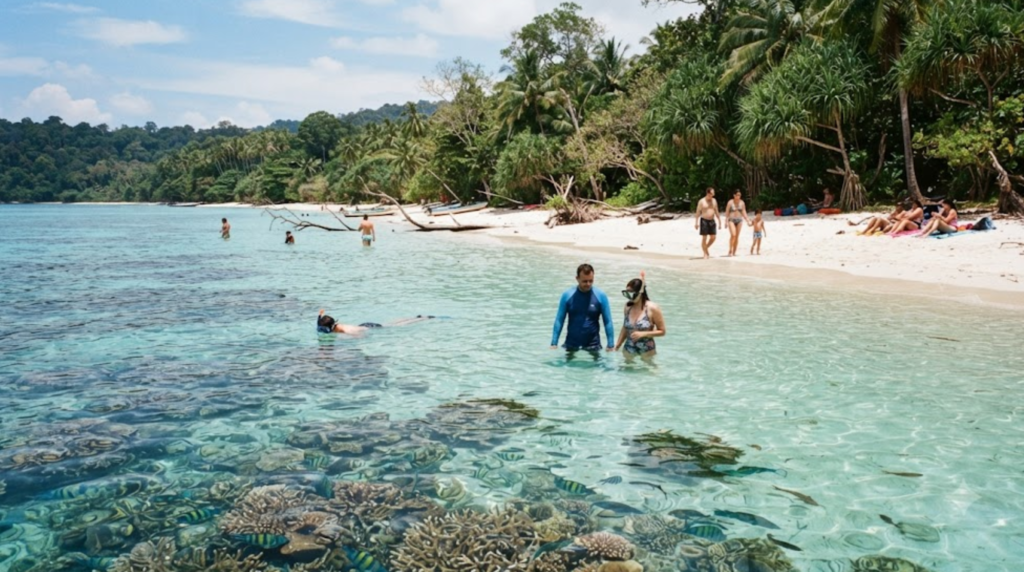 photograph of Elephant Beach on Swaraj Dweep, featuring clear turquoise shallow water, pristine tropical shoreline, lush green vegetation,