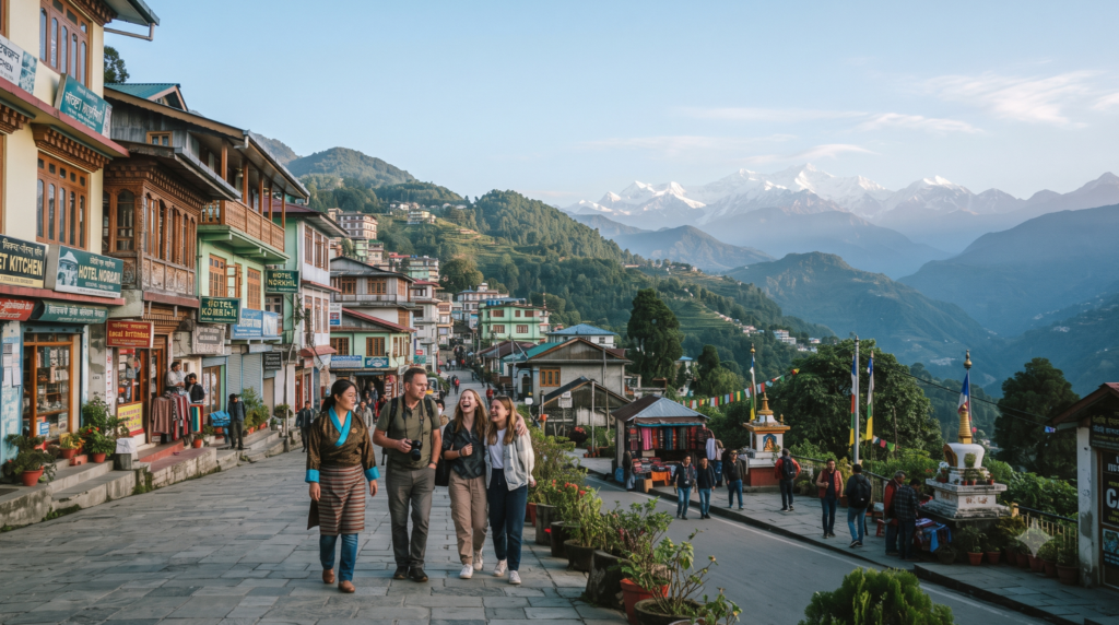 photograph of Gangtok, Sikkim, showing a scenic Himalayan hill town surrounded by lush green mountains, layered valleys and dramatic mountain scenery.
