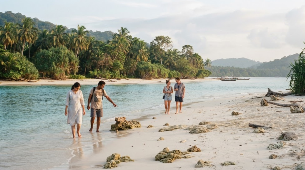 photograph of Shaheed Dweep, Andaman Islands, showing a peaceful tropical coastline with clear blue-green water, white sand, natural coral formations