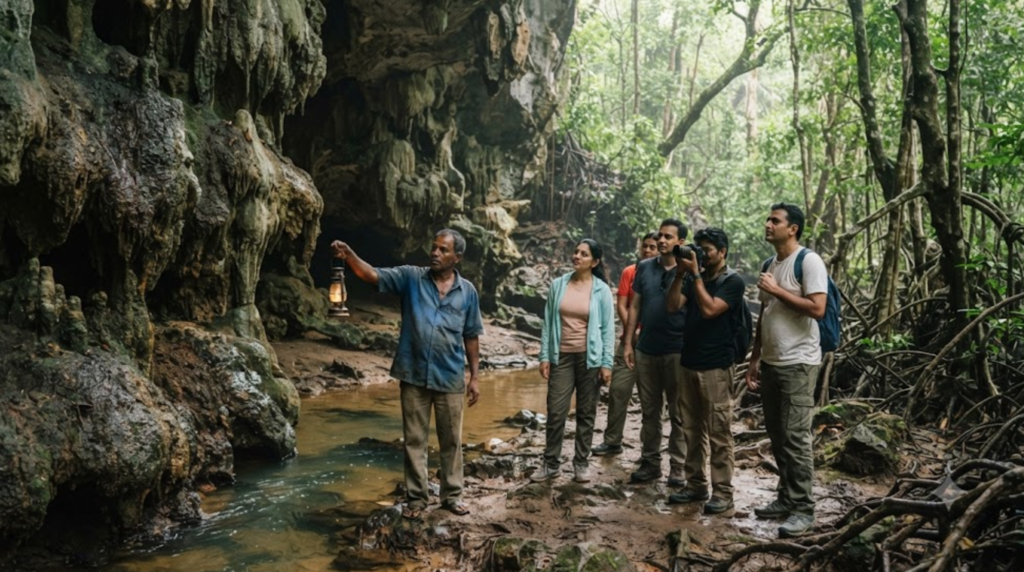 travel photograph of Baratang Island in the Andaman Islands, featuring dense tropical mangrove surroundings,