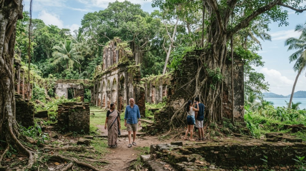 travel photograph of the historic ruins and tropical surroundings of Ross Island in the Andaman Islands, showing weathered colonial-era structures surrounded by lush greenery, large tropical trees and natural coastal atmosphere