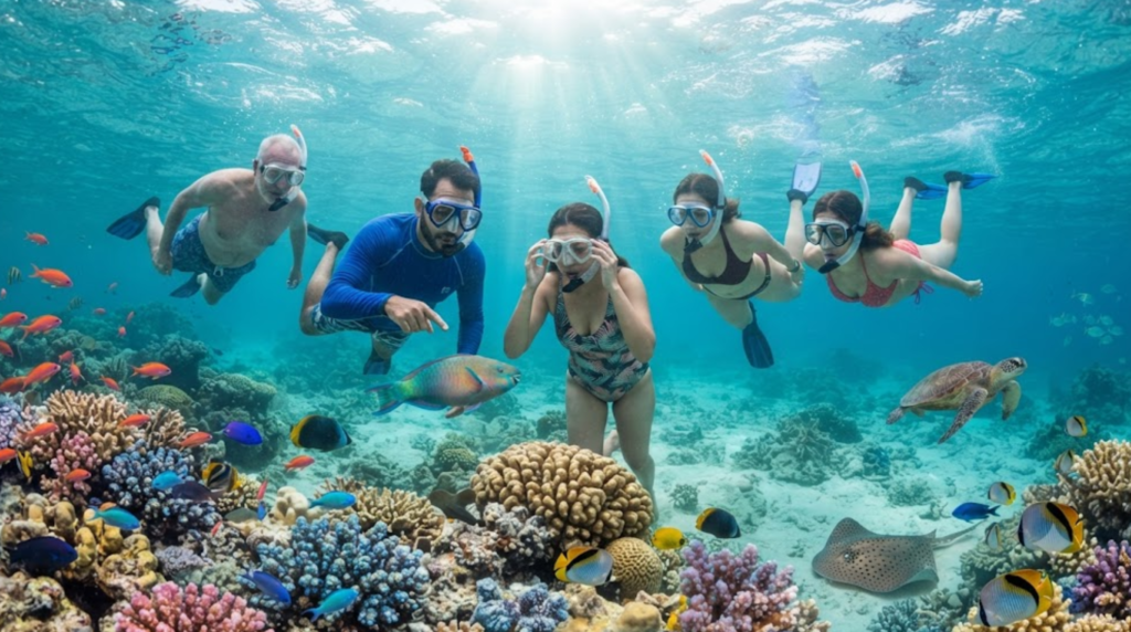 travel photograph of random diverse Indian tourists snorkelling in the clear turquoise waters of the Andaman Islands, visible coral formations and tropical marine life