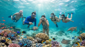 travel photograph of random diverse Indian tourists snorkelling in the clear turquoise waters of the Andaman Islands, visible coral formations and tropical marine life