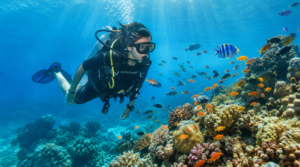 underwater travel photograph of a random diverse Indian tourist scuba diving above a vibrant coral reef in the Andaman Islands,