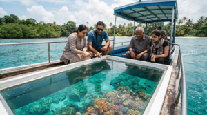 photograph of a glass-bottom boat cruising over crystal-clear turquoise waters in the Andaman Islands, visible coral formations beneath the surface,
