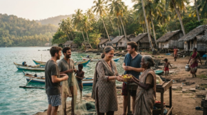 photograph showing random diverse Indian tourists experiencing everyday island life in the Andaman Islands, tropical village surroundings, local coastal setting, palm trees, small boats and natural island scenery,