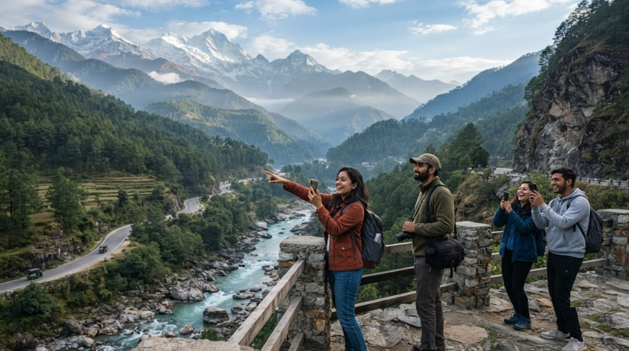 photograph of Uttarakhand, India, featuring dramatic Himalayan mountains, lush green forested hills,