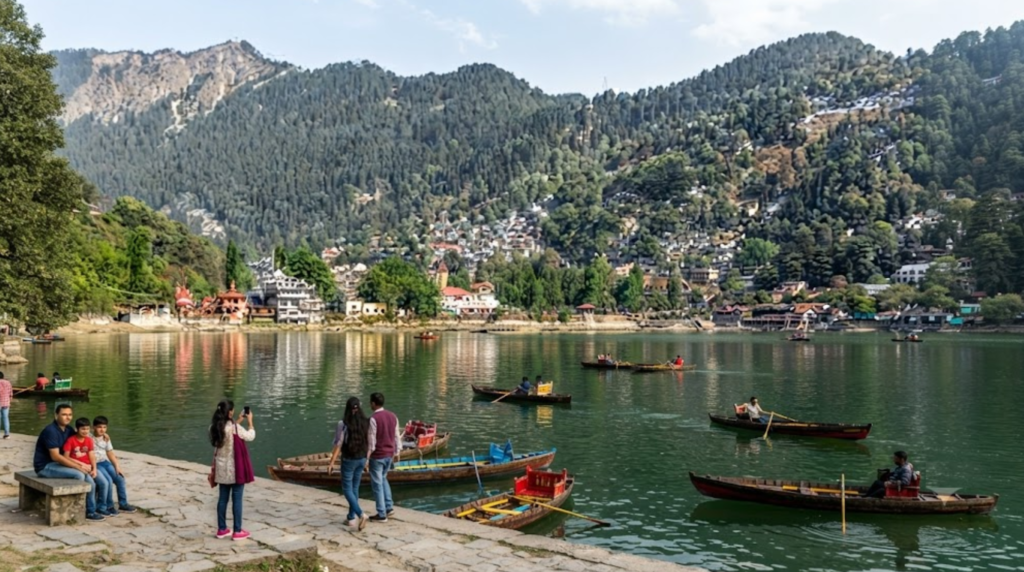 photograph of Naini Lake in Nainital, Uttarakhand, featuring a beautiful Himalayan lake surrounded by densely forested green mountains