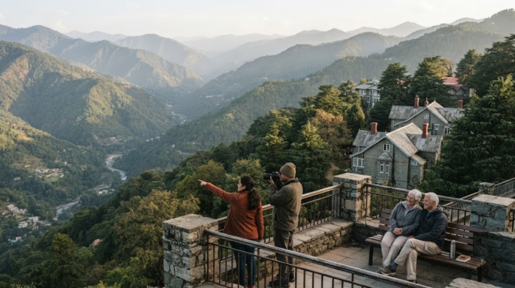 photograph of Mussoorie, Uttarakhand, featuring a scenic mountain viewpoint overlooking layers of Himalayan hills and a lush green valley