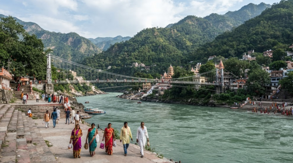 travel photograph of Rishikesh, Uttarakhand, showing the Ganges flowing through a dramatic Himalayan valley