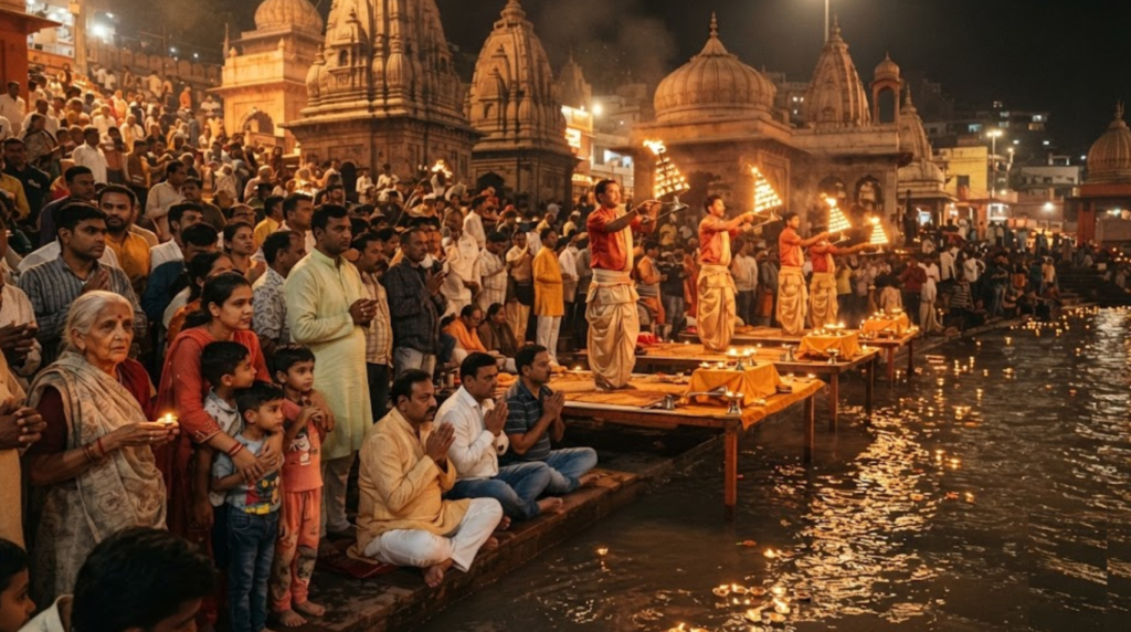 documentary travel photograph of Har Ki Pauri in Haridwar during an evening Ganga Aarti, showing the Ganges river