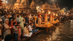 documentary travel photograph of Har Ki Pauri in Haridwar during an evening Ganga Aarti, showing the Ganges river