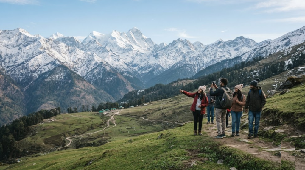 travel photograph of Auli, Uttarakhand, featuring dramatic snow-covered Himalayan peaks, green alpine slopes,